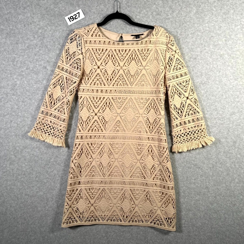 Jodi Kristopher Mini Dress Womens Small Beige Crochet Lace Fringe Boho Lined